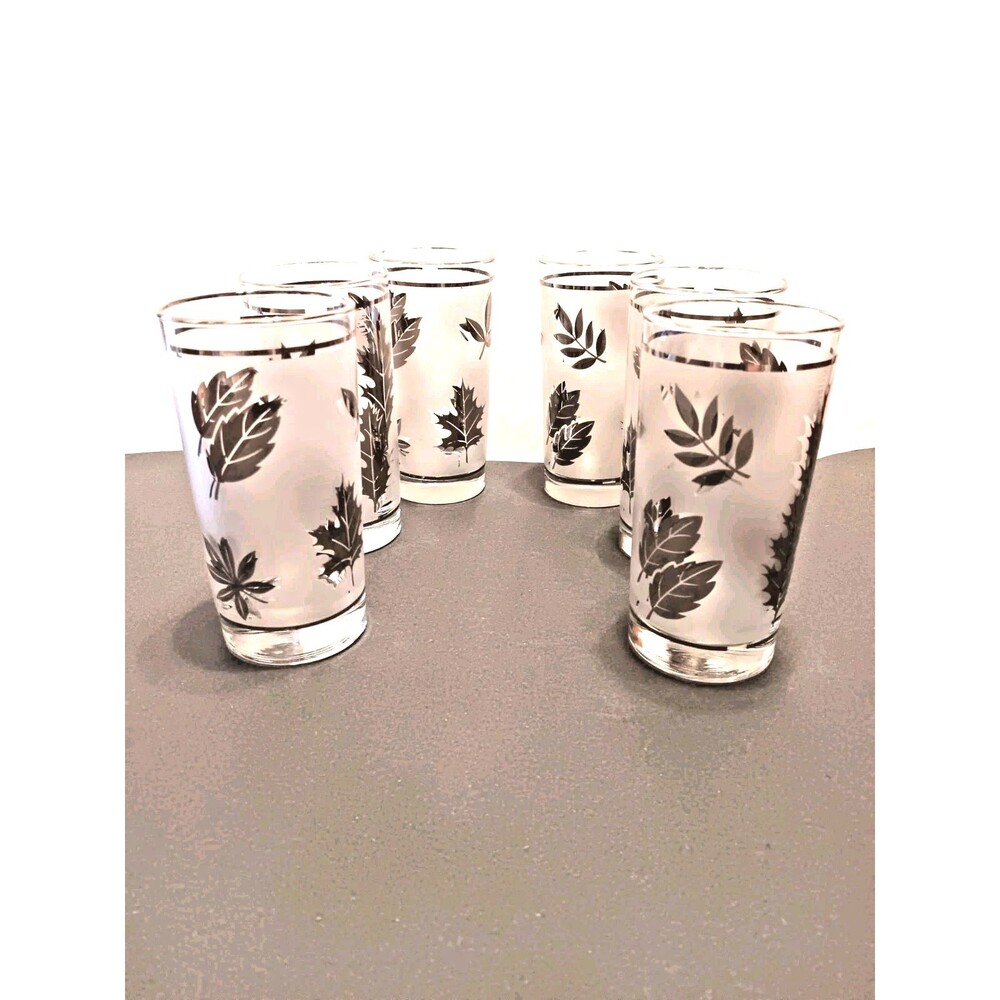 Vintage Libbey Mid-Century Silver Foliage Frosted Highball Glasses - Set of 6
